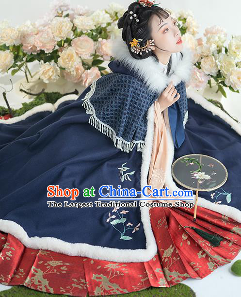 China Traditional Ming Dynasty Historical Clothing Ancient Nobility Lady Hanfu Embroidered Navy Cloak