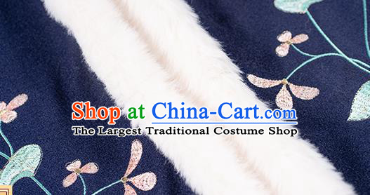 China Traditional Ming Dynasty Historical Clothing Ancient Nobility Lady Hanfu Embroidered Navy Cloak