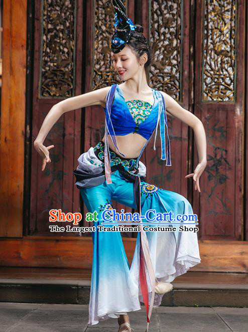 Traditional China Stage Show Costumes Flying Apsaras Dance Clothing Classical Dance Blue Outfits