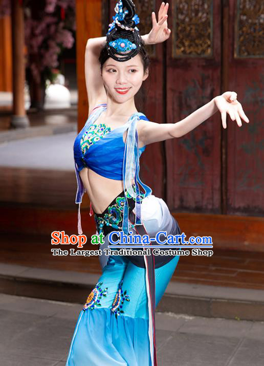 Traditional China Stage Show Costumes Flying Apsaras Dance Clothing Classical Dance Blue Outfits