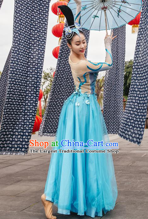 Traditional China Opening Dance Stage Show Costumes Classical Dance Clothing Umbrella Dance Blue Dress