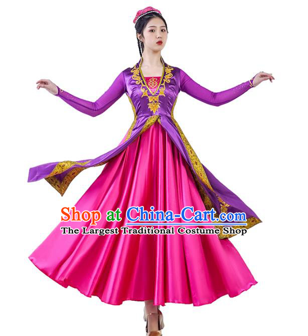 China Traditional Uyghur Nationality Dance Clothing Ethnic Women Folk Dance Purple Dress Outfits