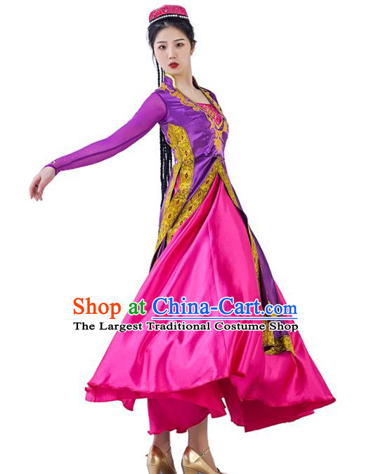 China Traditional Uyghur Nationality Dance Clothing Ethnic Women Folk Dance Purple Dress Outfits