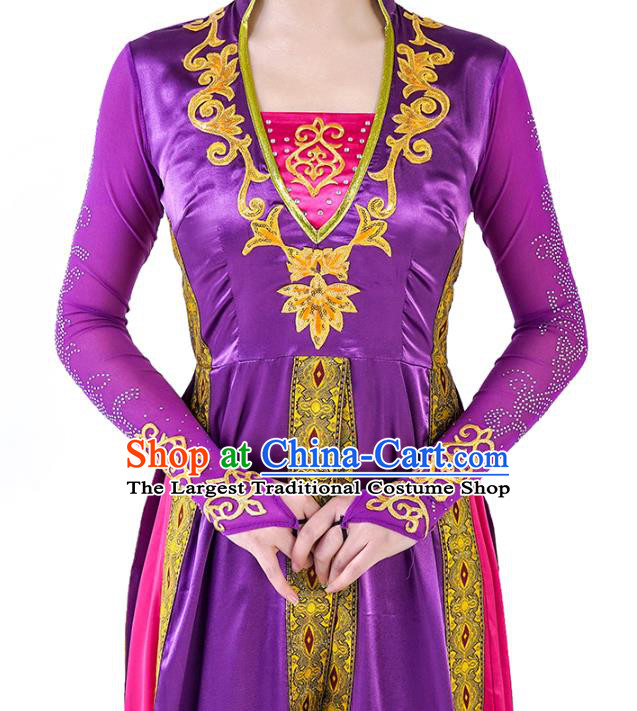 China Traditional Uyghur Nationality Dance Clothing Ethnic Women Folk Dance Purple Dress Outfits