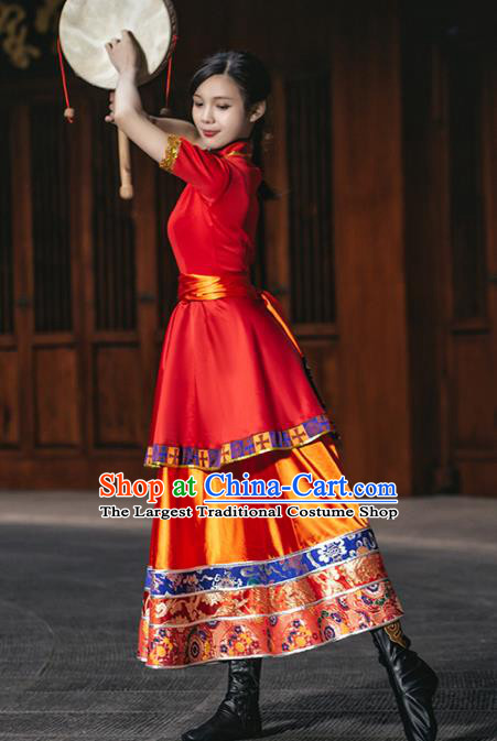 China Zang Ethnic Women Folk Dance Red Dress Outfits Traditional Tibetan Nationality Wedding Clothing