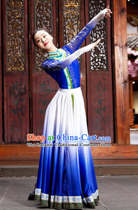 China Mongolian Ethnic Women Folk Dance Blue Dress Traditional Mongol Nationality Dance Clothing