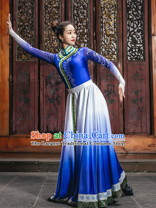 China Mongolian Ethnic Women Folk Dance Blue Dress Traditional Mongol Nationality Dance Clothing