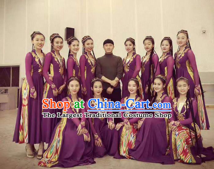 China Traditional Uyghur Nationality Folk Dance Clothing Ethnic Women Dance Purple Dress and Hat Outfits