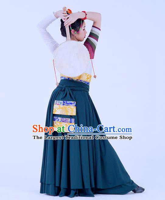 China Traditional Zang Nationality Folk Dance Clothing Tibetan Ethnic Women Dance Robe Outfits