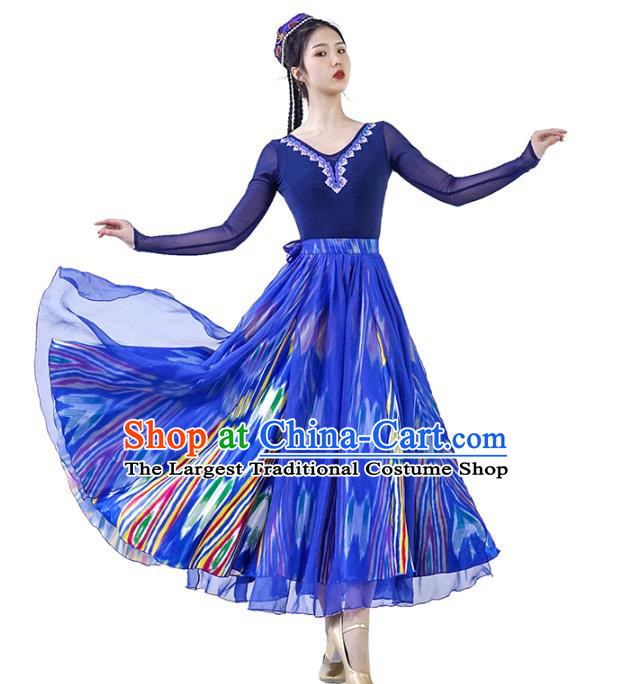 China Traditional Uyghur Nationality Folk Dance Clothing Xinjiang Ethnic Women Dance Blue Dress Outfits and Hat