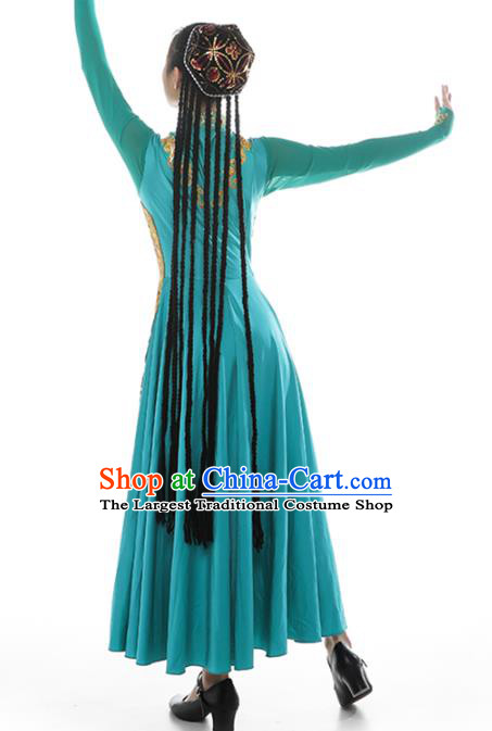 China Traditional Xinjiang Nationality Peacock Dance Clothing Uyghur Ethnic Women Blue Dress Outfits and Hat