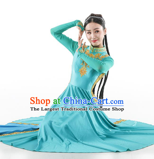 China Traditional Xinjiang Nationality Peacock Dance Clothing Uyghur Ethnic Women Blue Dress Outfits and Hat