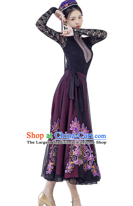China Traditional Xinjiang Nationality Dance Clothing Uyghur Ethnic Women Black Lace Blouse and Purple Skirt Outfits and Hat