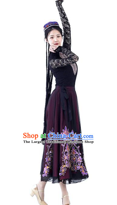 China Traditional Xinjiang Nationality Dance Clothing Uyghur Ethnic Women Black Lace Blouse and Purple Skirt Outfits and Hat