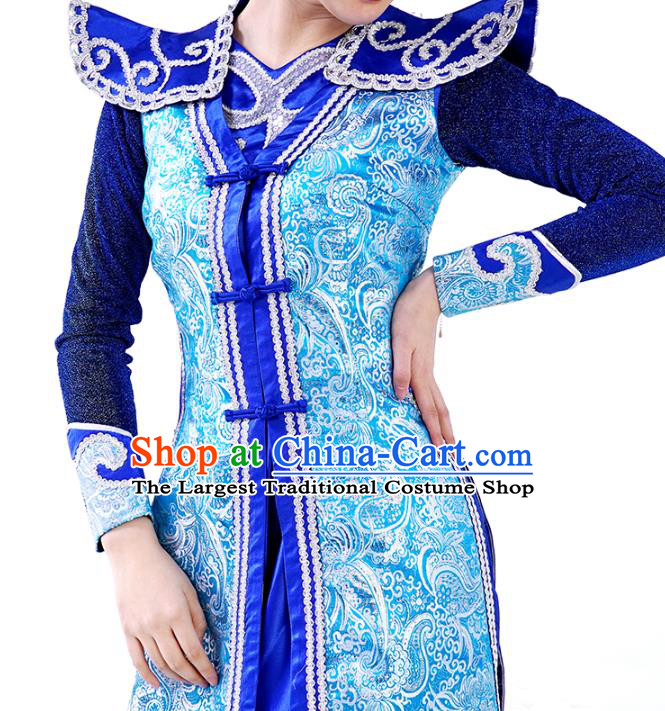 China Mongolian Ethnic Women Folk Dance Royalblue Dress and Hat Outfits Traditional Mongol Nationality Wedding Clothing