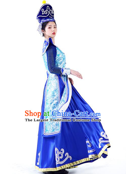 China Mongolian Ethnic Women Folk Dance Royalblue Dress and Hat Outfits Traditional Mongol Nationality Wedding Clothing