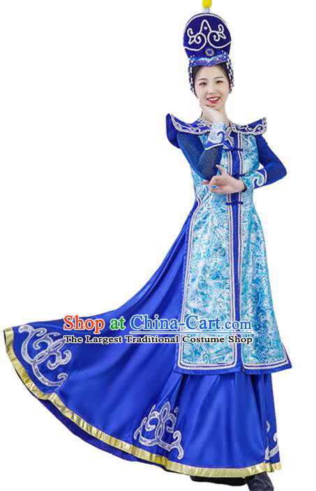 China Mongolian Ethnic Women Folk Dance Royalblue Dress and Hat Outfits Traditional Mongol Nationality Wedding Clothing