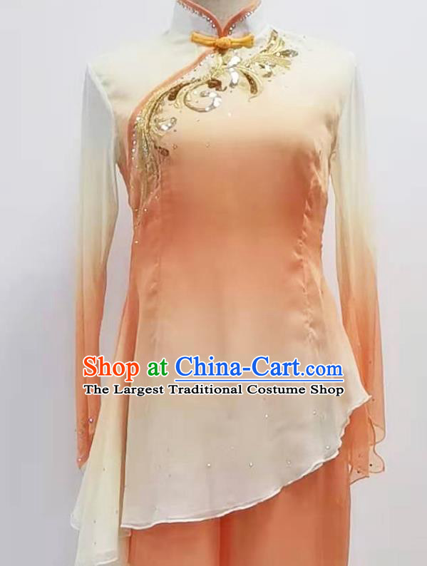 China Traditional Folk Dance Clothing Women Fan Dance Orange Blouse and Pants Outfits