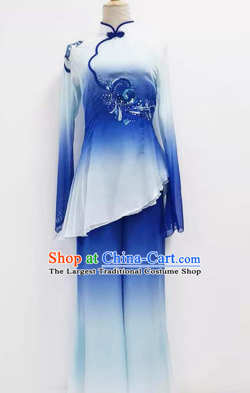 China Traditional Fan Dance Clothing Women Yangko Dance Blouse and Pants Blue Outfits