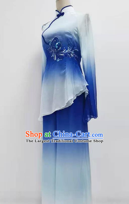 China Traditional Fan Dance Clothing Women Yangko Dance Blouse and Pants Blue Outfits