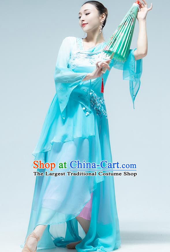 Traditional China Umbrella Dance Classical Dance Blue Dress Stage Show Costume