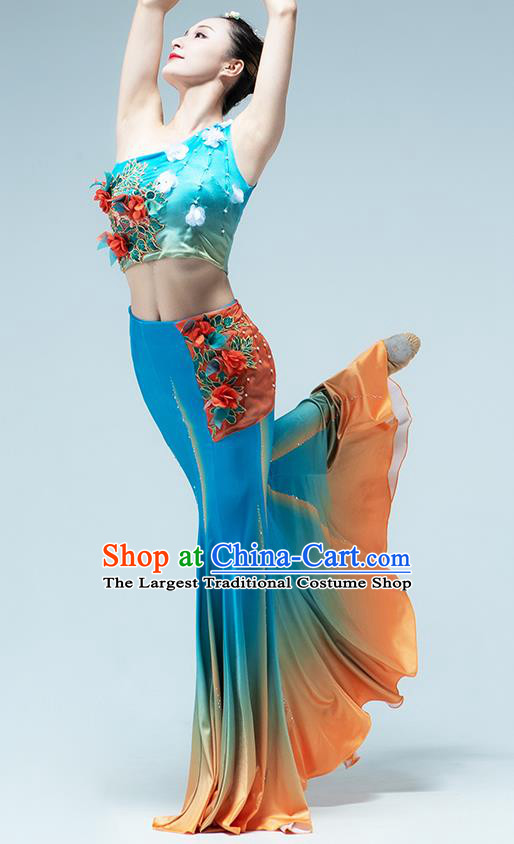 China Dai Nationality Folk Dance Blue Dress Traditional Yunnan Ethnic Peacock Dance Stage Performance Clothing