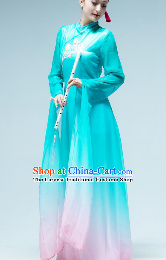 Traditional China Classical Dance Stage Show Fan Dance Costume Umbrella Dance Blue Qipao Dress