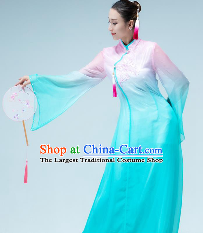 Traditional China Stage Show Group Dance Costume Umbrella Dance Classical Dance Blue Dress