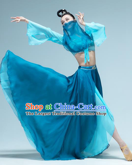 Traditional China Woman Group Dance Costume Classical Dance Stage Show Blue Outfits