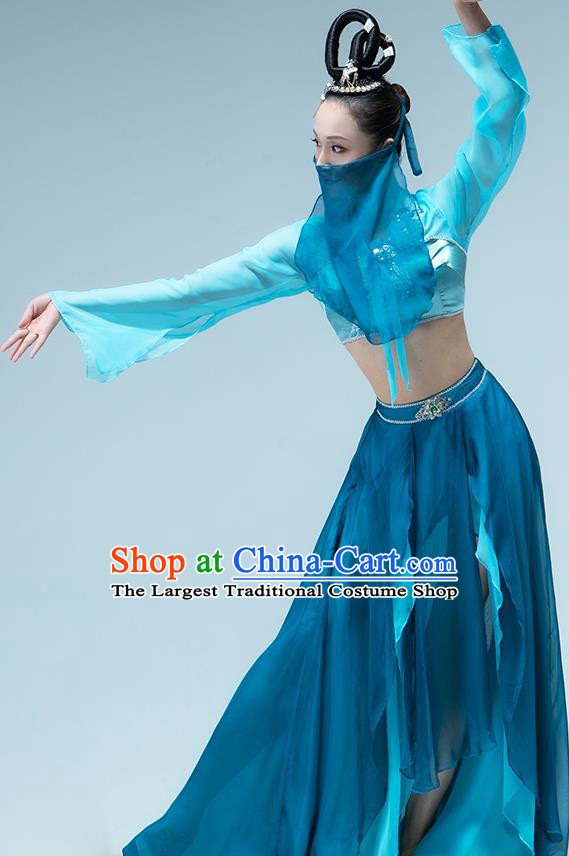 Traditional China Woman Group Dance Costume Classical Dance Stage Show Blue Outfits