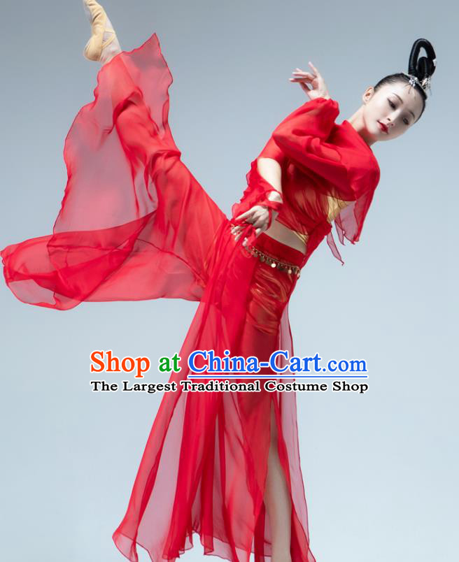 Traditional China Classical Dance Red Outfits Fan Dance Stage Performance Costume