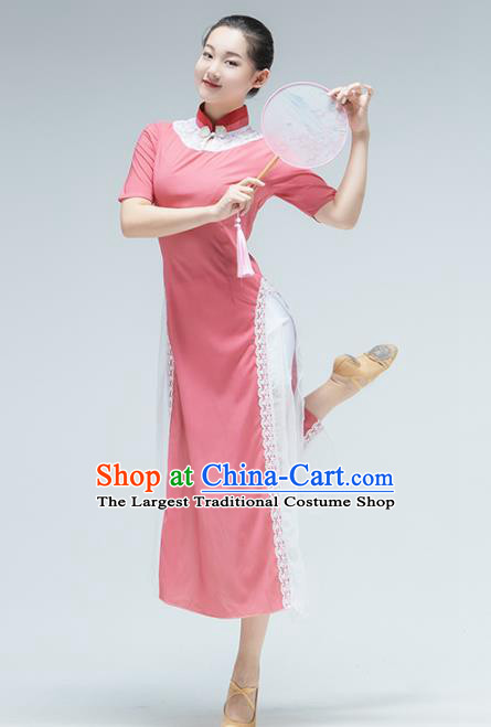 Traditional China Round Fan Dance Stage Performance Costume Classical Dance Pink Qipao Dress