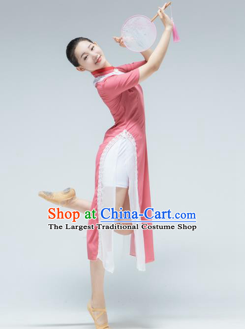 Traditional China Round Fan Dance Stage Performance Costume Classical Dance Pink Qipao Dress
