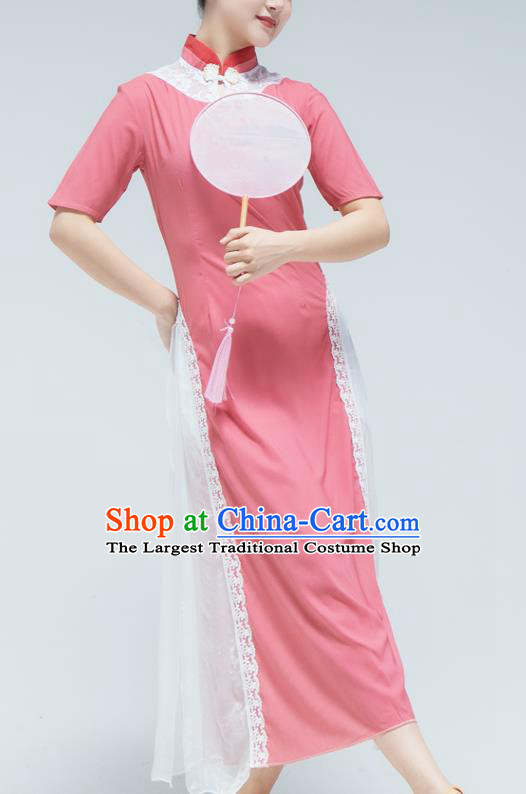 Traditional China Round Fan Dance Stage Performance Costume Classical Dance Pink Qipao Dress
