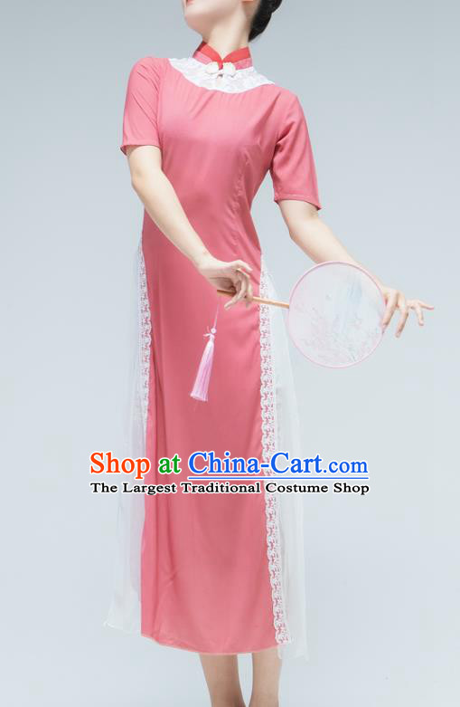 Traditional China Round Fan Dance Stage Performance Costume Classical Dance Pink Qipao Dress