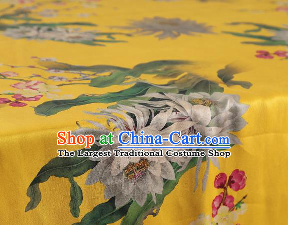 Chinese Yellow Gambiered Guangdong Gauze Traditional Silk Fabric Royal Epiphyllum Pattern Cheongsam Drapery