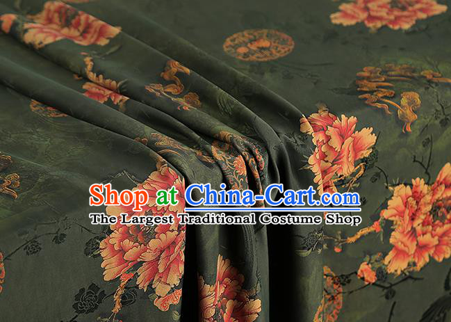 Chinese Deep Green Gambiered Guangdong Gauze Royal Peony Pattern Cloth Drapery Traditional Cheongsam Silk Fabric