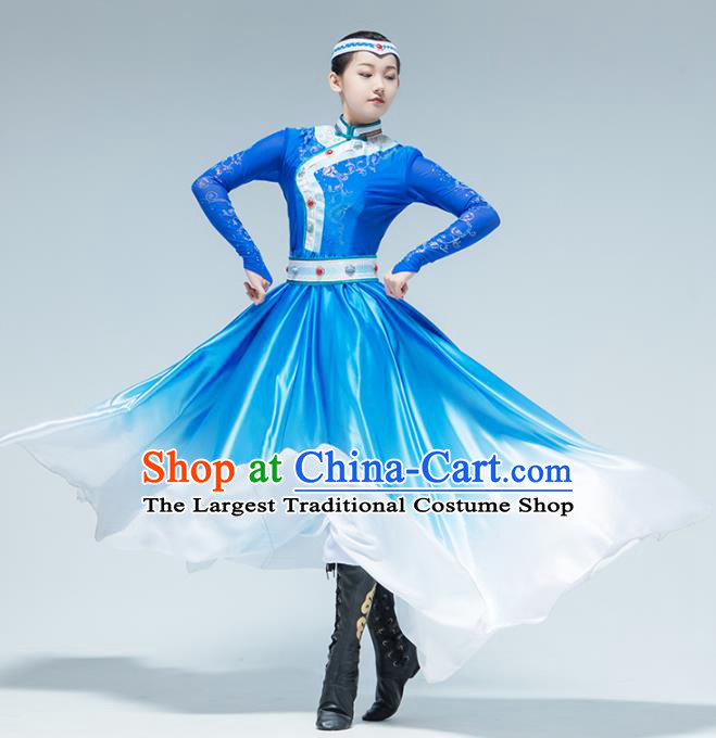 China Mongolian Nationality Dance Blue Dress Traditional Mongol Ethnic Stage Performance Women Clothing
