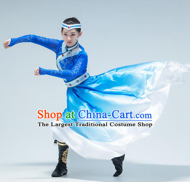 China Mongolian Nationality Dance Blue Dress Traditional Mongol Ethnic Stage Performance Women Clothing