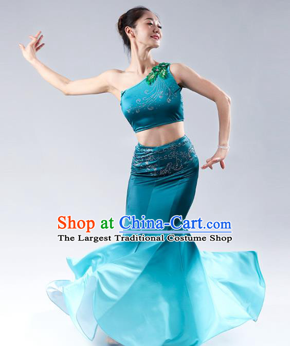 China Traditional Ethnic Peacock Dance Clothing Dai Nationality Stage Show Blue Mermaid Dress Outfits