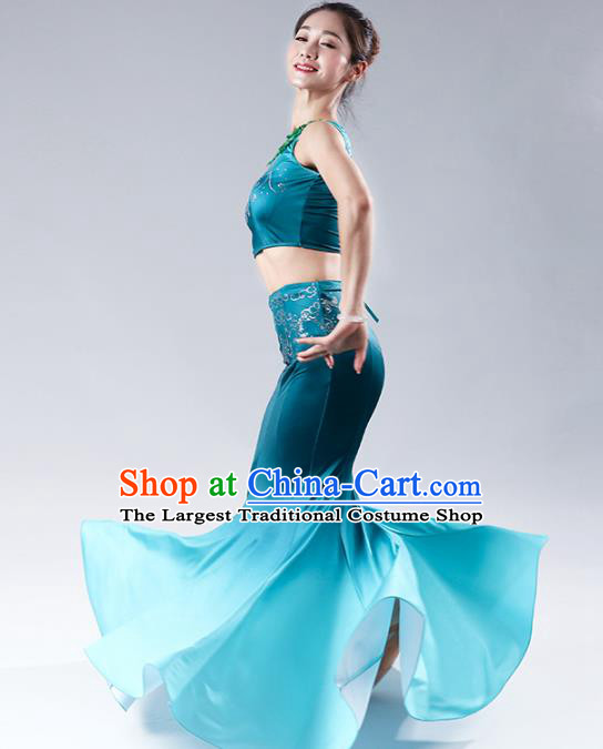 China Traditional Ethnic Peacock Dance Clothing Dai Nationality Stage Show Blue Mermaid Dress Outfits