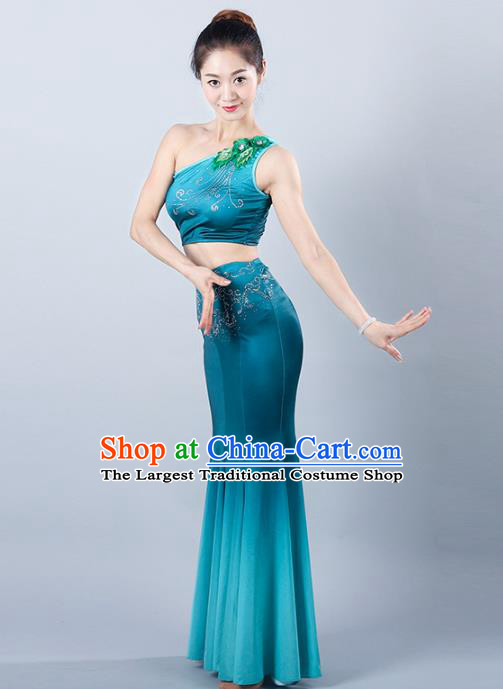 China Traditional Ethnic Peacock Dance Clothing Dai Nationality Stage Show Blue Mermaid Dress Outfits