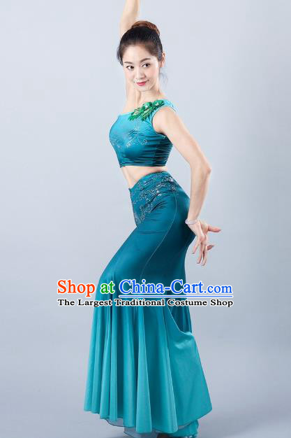 China Traditional Ethnic Peacock Dance Clothing Dai Nationality Stage Show Blue Mermaid Dress Outfits