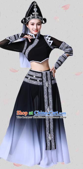 China Traditional Ethnic Dance Black Clothing Dai Nationality Stage Show Blouse and Skirt Outfits