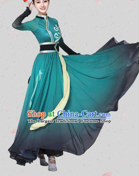 China Traditional Mongolian Ethnic Dance Clothing Mongol Nationality Stage Show Green Dress