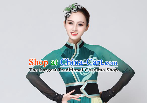 China Traditional Mongolian Ethnic Dance Clothing Mongol Nationality Stage Show Green Dress