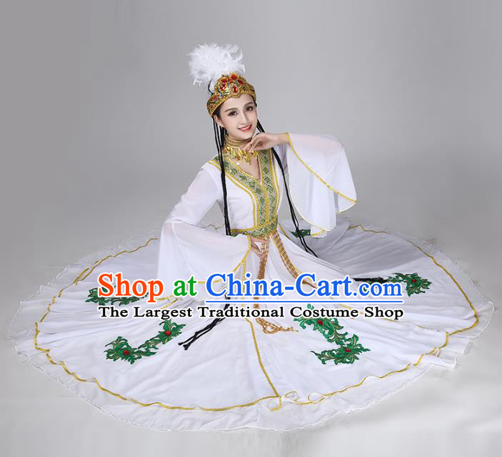 China Traditional Ethnic Dance Clothing Uyghur Nationality Stage Show White Dress and Hat