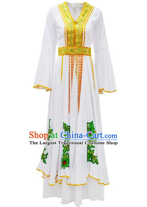 China Traditional Ethnic Dance Clothing Uyghur Nationality Stage Show White Dress and Hat