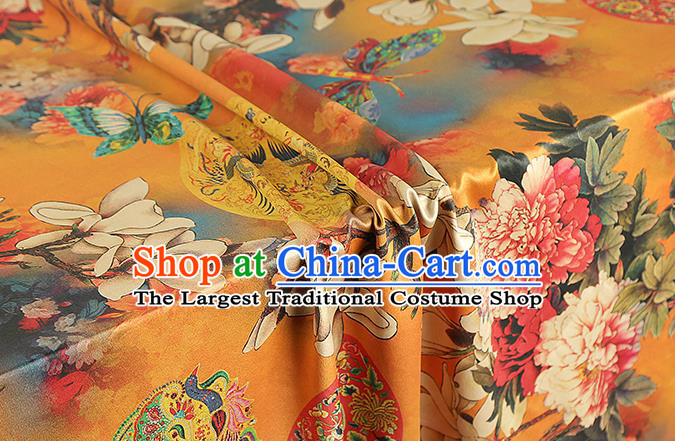 Chinese Royal Mangnolia Peony Pattern Gambiered Guangdong Gauze Brocade Cloth Drapery Traditional Cheongsam Orange Silk Fabric
