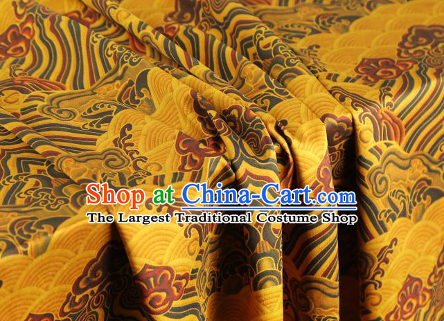 Chinese Yellow Brocade Cloth Drapery Traditional Cheongsam Royal Waves Pattern Silk Fabric Gambiered Guangdong Gauze